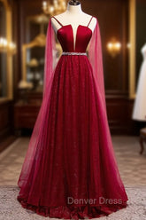 Burgundy Prom Dresses, Spagetti-Strap Sleeveless Prom Dresses Tulle Ruffles with Beadings