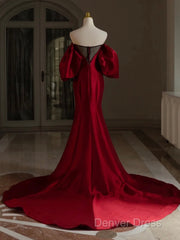 Burgundy Puff Sleeves Satin Burgundy Long Prom Dresses, Burgundy Long Formal Dresses
