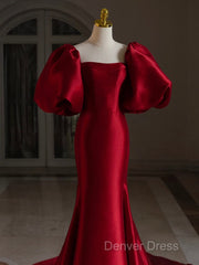 Burgundy Puff Sleeves Satin Burgundy Long Prom Dresses, Burgundy Long Formal Dresses