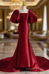 Burgundy Puff Sleeves Satin Burgundy Long Prom Dresses, Burgundy Long Formal Dresses