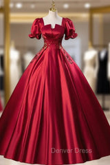 Burgundy Red Satin Short Sleeve Appliques Quinceanera Dresses