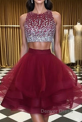 Burgundy Round Neck 2 Pieces Sequins Tulle Short Prom Dresses, 2 Pieces Burgundy Homecoming Dresses, Graudation Dresses