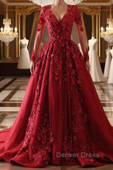 Burgundy round neck lace long prom Dresses burgundy evening Dresses