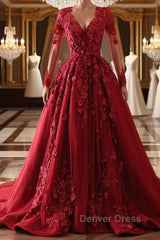 Burgundy round neck lace long prom Dresses burgundy evening Dresses