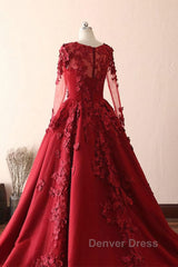 Burgundy round neck lace long prom Dresses burgundy evening Dresses