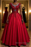 Burgundy round neck lace satin long prom Dress burgundy Prom Dresses