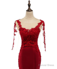 Burgundy Round Neck Lace Satin Mermaid Long Prom Dress Lace Formal Dress