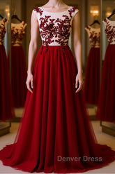 Burgundy round neck tulle lace long prom Dresses, bridesmaid Dresses