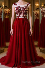 Burgundy round neck tulle lace long prom Dresses, bridesmaid Dresses