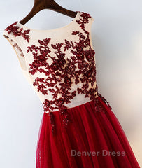 Burgundy round neck tulle lace long prom Dresses, bridesmaid Dresses