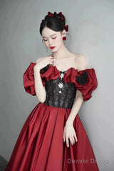 Burgundy Satin And Black Lace Floor Length Prom Dress, Off The Shoulder Evening Party Dress