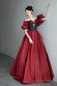 Burgundy Satin And Black Lace Floor Length Prom Dress, Off The Shoulder Evening Party Dress