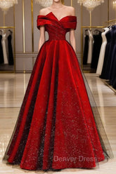 Burgundy Satin And Black Tulle Long Prom Dresses, Beautiful A-Line Party Dresses