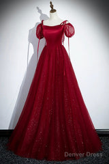 Burgundy Satin And Shiny Tulle Floor Length Prom Dress, A-Line Formal Evening Dress