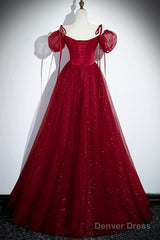 Burgundy Satin And Shiny Tulle Floor Length Prom Dress, A-Line Formal Evening Dress