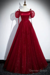 Burgundy Satin And Shiny Tulle Floor Length Prom Dress, A-Line Formal Evening Dress