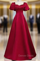 Burgundy Satin Backless Puff Sleeve Beading Prom Dresses
