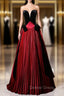 Burgundy Satin Black Velvet Strapless Prom Dresses