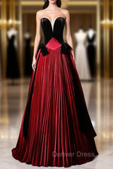 Burgundy Satin Black Velvet Strapless Prom Dresses