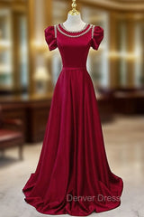 Burgundy Satin Cap Sleeve Beading Pearls Prom Dresses