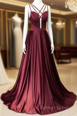 Burgundy Satin Cross Straps Long A Line Prom Dresses