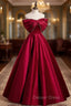 Burgundy Satin Floor Length Prom Dress, A Line Off the Shoulder Prom Dresses