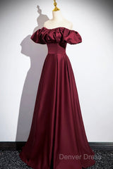 Burgundy Satin Floor Length Prom Dresses, Simple A-Line Evening Party Dresses