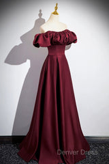 Burgundy Satin Floor Length Prom Dresses, Simple A-Line Evening Party Dresses