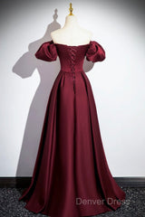 Burgundy Satin Floor Length Prom Dresses, Simple A-Line Evening Party Dresses