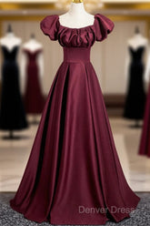 Burgundy Satin Floor Length Prom Dresses, Simple A-Line Evening Party Dresses
