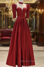 Burgundy Satin High Neck Long Prom Dresses, Burgundy A-Line Evening Party Dresses