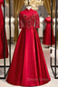 Burgundy Satin High Neck Short Sleeve Appliques Prom Dresses