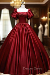 Burgundy Satin Long A-Line Prom Dresses, Burgundy Formal Evening Dresses