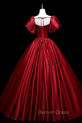 Burgundy Satin Long A-Line Prom Dresses, Burgundy Formal Evening Dresses