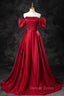 Burgundy Satin Long A Line Prom Dress, Off the Shoulder Prom Dresses