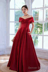 Burgundy Satin Long A-Line Prom Dress, Simple V-Neck Evening Dress