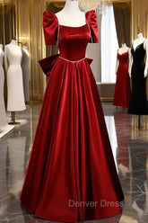 Burgundy Satin Long Prom Dresses, A-Line Evening Dresses with Bow