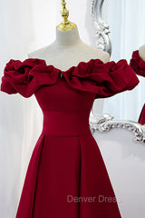 Burgundy Satin Long Prom Dresses, A-Line Off Shoulder Evening Party Dresses