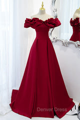 Burgundy Satin Long Prom Dresses, A-Line Off Shoulder Evening Party Dresses