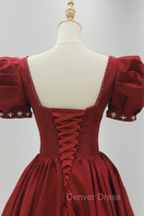 Burgundy Satin Long Prom Dresses, A-Line Short Sleeve Evening Dresses