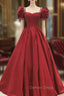 Burgundy Satin Long Prom Dress, A Line Short Sleeve Prom Dresses