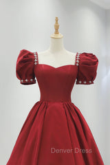 Burgundy Satin Long Prom Dresses, A-Line Short Sleeve Evening Dresses