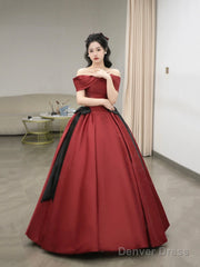 Burgundy Satin Long Prom Dress, Beautiful Off The Shoulder Evening Party Dress