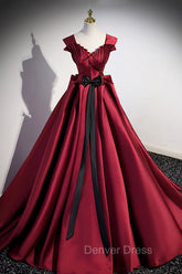 Burgundy Satin Long Prom Dresses, Burgundy A-Line Evening Dresses