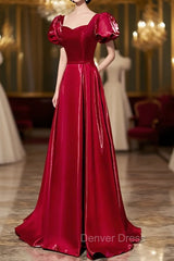 Burgundy Satin Long Prom Dresses, Simple A-Line Evening Dresses