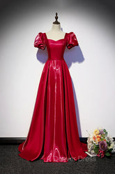 Burgundy Satin Long Prom Dresses, Simple A-Line Evening Dresses