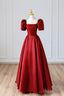 Burgundy Satin Long Prom Dress, Simple A Line Short Sleeve Prom Dresses