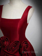 Burgundy Satin Long Prom Dresses With Flowers, Elegant A-Line Party Dresses