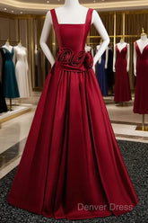 Burgundy Satin Long Prom Dresses With Flowers, Elegant A-Line Party Dresses