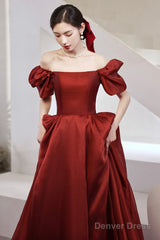 Burgundy Satin Long Prom Dresses, A-Line Short Sleeve Evening Dresses